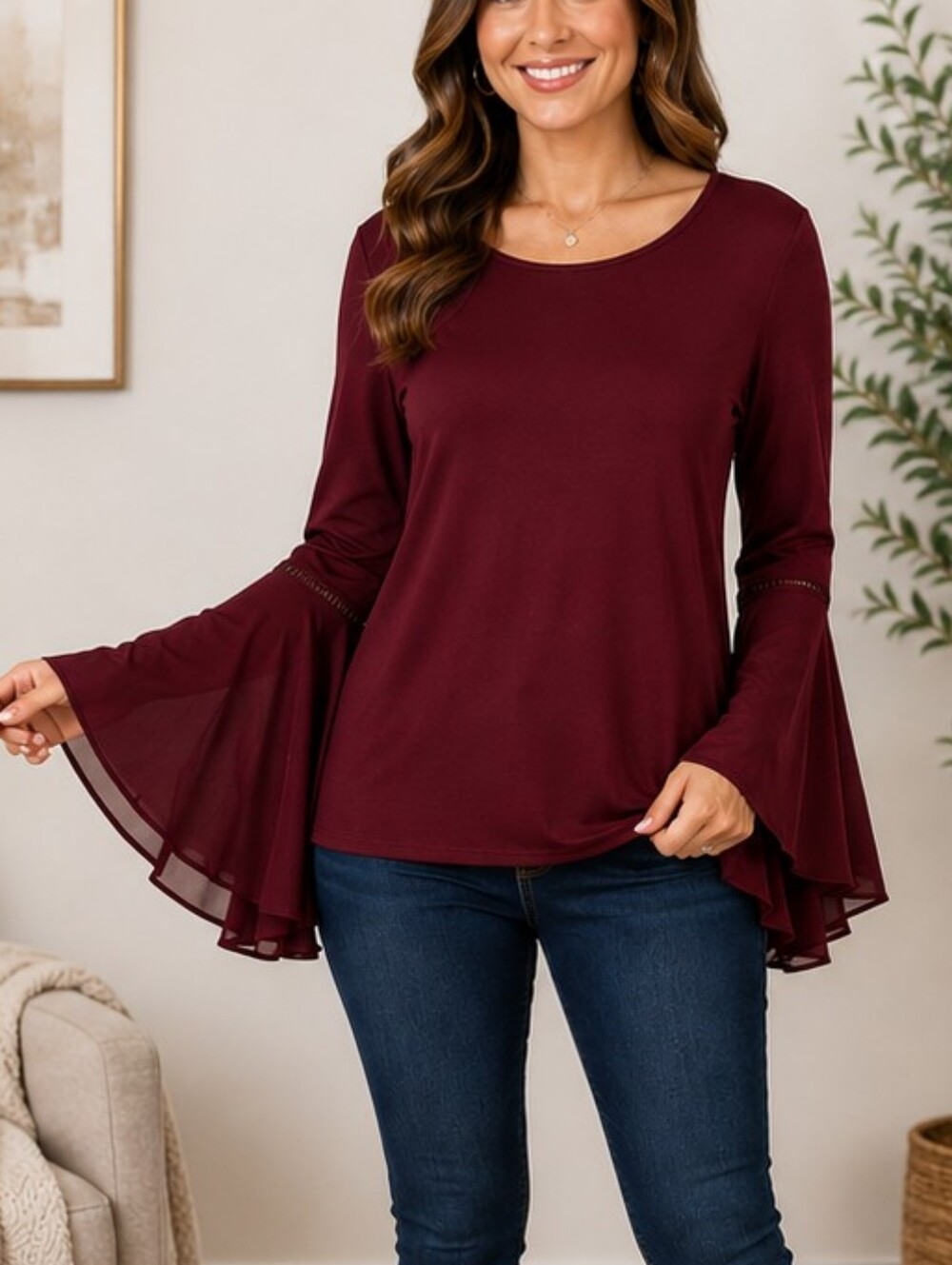 Cable & Gauge Petite Women's Burgundy Bell Sleeve Top – PXL